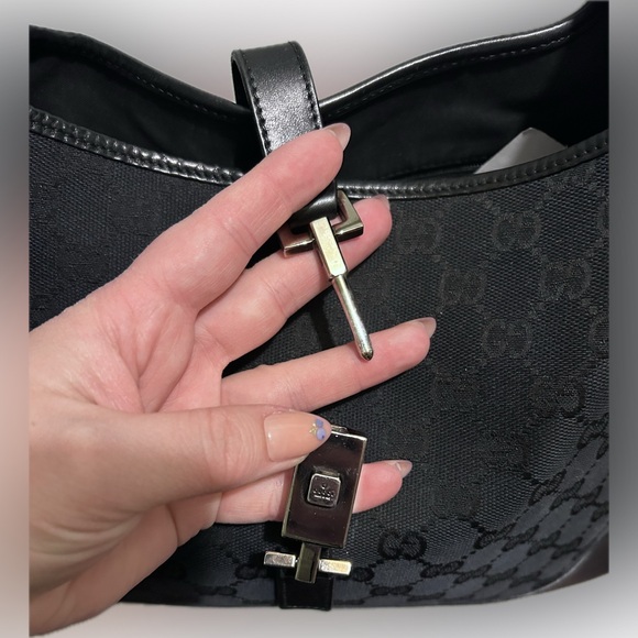 Vintage Gucci Jackie Black Monogram Logo Canvas Leather Luxe Shoulder Bag Purse - Picture 6 of 16